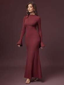 L'Amorae Damen Pullover-Strick-Kleid mit Rückenausschnitt und Stehkragen, gemütlich für Feiertage und Lässig Abende - Rot - Übersicht 6