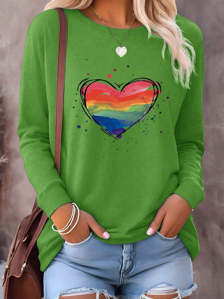 INAWLY Heart Print Round Neck Casual Short Sleeve T-Shirt Graphic Tees Women Tops - Green - View 1