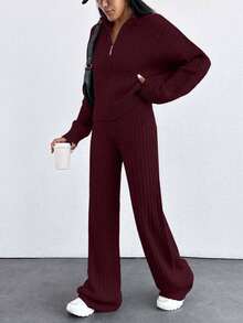 EURMUSE Drop Shoulder Zip Up Cardigan & Knit Pants - Burgundy - View 3