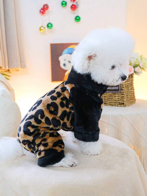 PETSIN 1pc Pet Leopard Print Jumpsuit, Autumn And Winter Thick Velvet Four Legged Clothes, Warm And Comfortable Clothes For Cats And Dogs In Winter