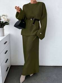 EURMUSE 女士纯色厚实毛衣和毛衣裙套装 - 軍綠色 - 查看 5