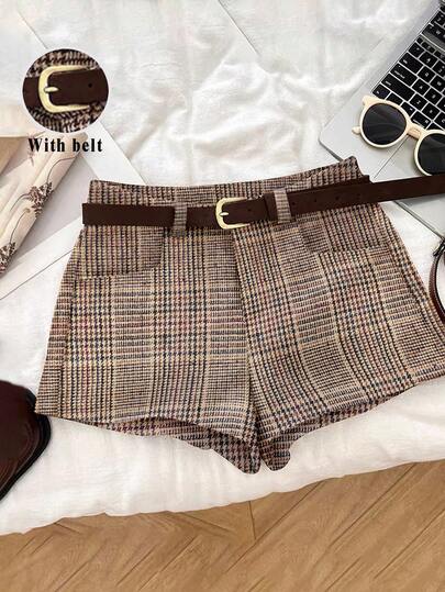 Franclia Retro Fashion All-Match Plaid Woolen Suit With Beltwinter Shorts Casual Shorts Autumn And Winter Shorts Fall Outfits Women Winter Clothes