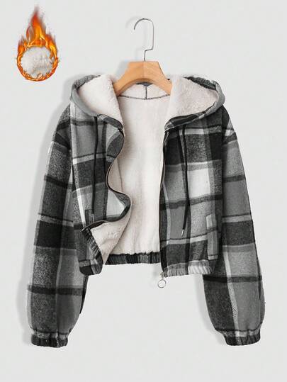 SHEIN Tall CURVE 大码女式格子印花连帽拉链保暖内衬短款长袖夹克