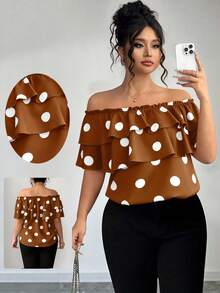 Elenzga Blusa de hombros descubiertos con volantes en capas y estampado de lunares clásico para mujer de talla grande - Marrón - Ver 3