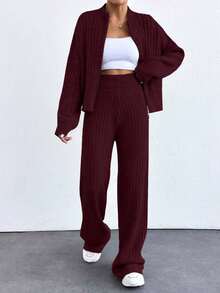 EURMUSE Drop Shoulder Zip Up Cardigan & Knit Pants - Burgundy - View 6