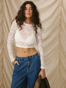 Aralina Women's Fashionable Sheer Lace Cropped Long Sleeve T-Shirt, Autumn