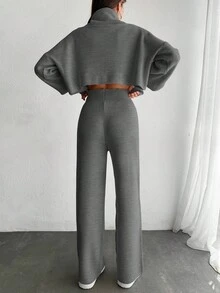 EURMUSE 2pcs Set: Turtleneck Puff Sleeve Solid Color Sweater Top And Pants, Knitted - Dark Grey - View 2