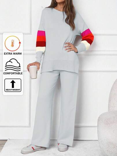 SHEIN Tall 1pc Colorblock Drop Shoulder Sweater & 1pc Knit Pants,Loungewear Set,Winter Clothes Women,Two Piece Set Women,Winter Clothes,Autumn Outfits Women,2 Piece Set Women