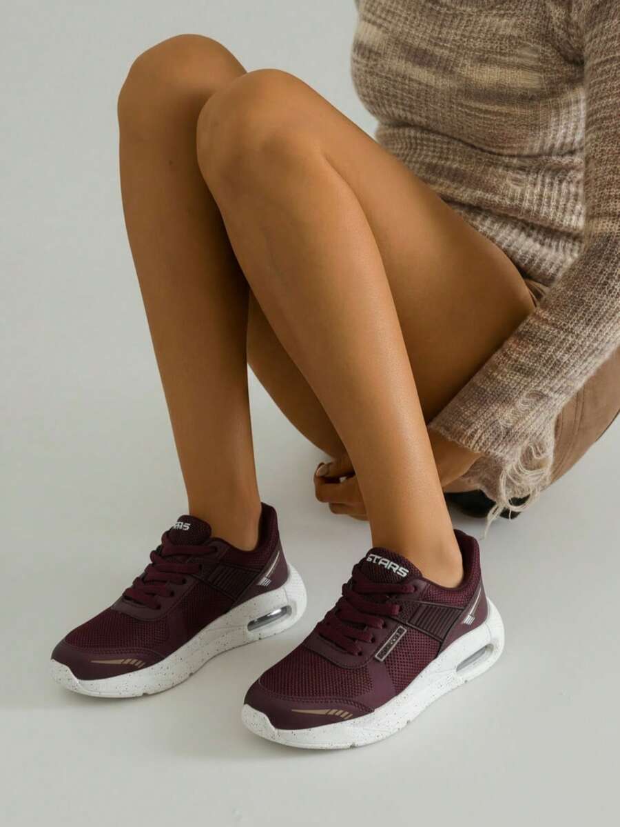 Tenis para mujer malla transpirable amortiguación aire, punta redonda, cordones deportivos, suela gruesa ligera, estilo running urbano, uso entrenamiento y diario, zapatillas - Burdeos - Ver 1