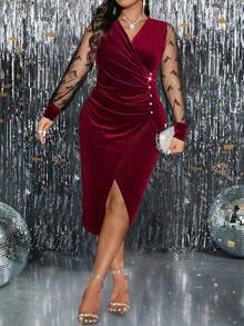 SHEIN Clasi Plus Size Elegant Contrast Color Mesh Patchwork Wrap Dress, Autumn, For Christmas, Thanksgiving Maxi Women Outfit - Burgundy - View 8