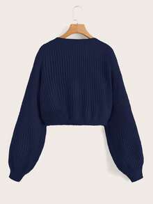 SHEIN EZwear Áo khoác cardigan cổ chữ V cài nút phía trước màu xanh navy thường ngày - Màu xanh hải quân - Xem 2