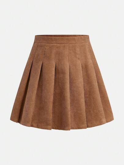 SHEIN Girlism Teen Girl Brown Corduroy Casual Fitted Pleated Skirt Teen Skirt Corduroy Skirt Brown Skirt Brown Pleated Skirt Short Skirts