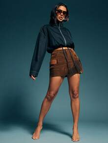 Denimoi 双腰分层天鹅绒牛仔迷你裙秋冬时尚性感时尚 - 棕色 - 查看 3