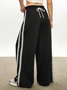 Rina Fox 女式撞色侧条纹撞色蕾丝直筒运动裤 - 黑色 - 查看 3