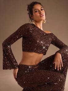 SHEIN Glamour Nuevos pantalones de mujer hechos de tela con lentejuelas, con un diseño con recorte en la parte delantera y una cremallera en la parte trasera. Estos pantalones están diseñados con un estilo de moda elegante y de alta gama y son adecuados para usar durante todo el año. Son la opción ideal para pantalones de fiesta de mujer, pantalones de vestido de cumpleaños, pantalones elegantes para cenas, atuendo festivo, atuendos para citas nocturnas y pantalones para fiestas de cócteles. - Marrón - Ver 3