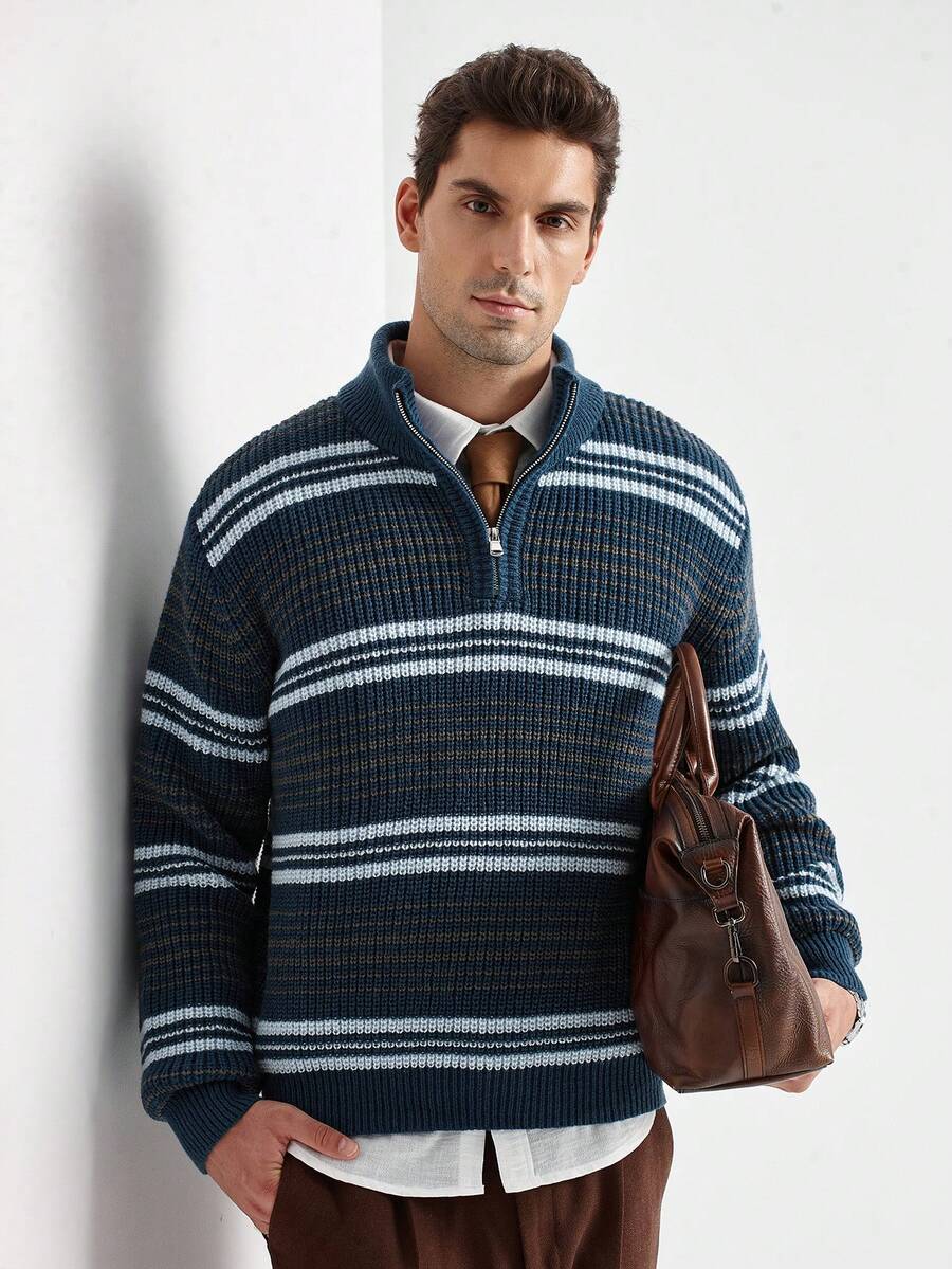 Manfinity Homme Áo khoác cardigan nam dáng dài cổ kéo khóa nửa thân, phối sọc tương phản, thích hợp mặc đi làm, mùa thu/đông. Áo len nam cổ kéo khóa nửa thân, áo polo nam dệt kim kẻ sọc. - Màu xanh lam - Xem 1