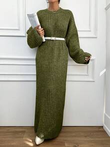 EURMUSE 女式纯色圆领落肩长袖休闲针织连衣裙 - 軍綠色 - 查看 6