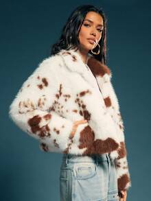 Denimoi Abrigo corto de mujer con manga larga y cuello de piel sintética - Blanco - Ver 2