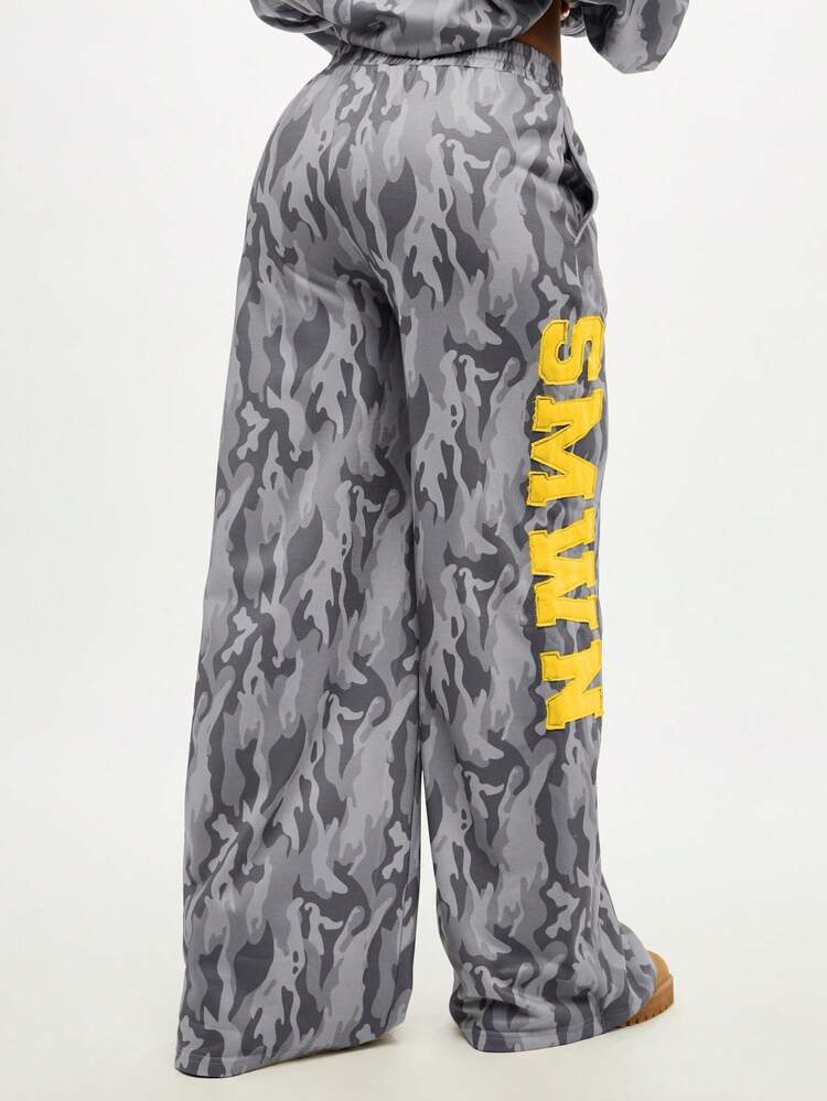 SUMWON Wide Leg Camouflage Sweatpants With Yellow Letter Print Side Design Casual Loose Fit Pants