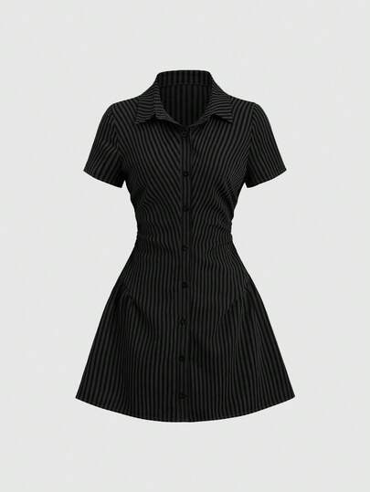 Sweetra Sweet & Fresh Pink Short Sleeve Shirt Dress, Waist Cinched Slimming Stylish Blouse Dress For Summer