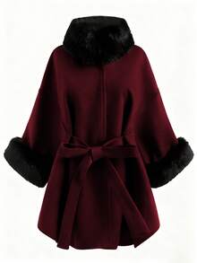 GlowEve CURVE Plus Size Women's Colorblock Overcoat With Faux Fur Collar, Belted - Burgundy - View 3
