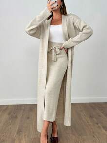 EURMUSE Woman Long Cardigan And Midi Skirt Two Piece Set Co-Ords Beige Two Piece Set Two Piece Lounge Set Beige Lounge Set Knit Two Piece Set Comfortable Two Piece Set,Winter Clothes Women,Winter Clothes,Autumn Outfits Women - Beige - View 5