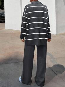 EURMUSE Women Striped Sweater Cardigan And Pant Set,Co Ord,Winter Clothes - Dark Grey - View 2