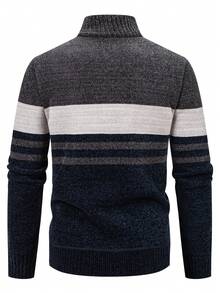 Calvornis Chaqueta de forro polar con cremallera, cuello alto y diseño de rayas de contraste para hombre, otoño/invierno - Azul Marino - Ver 2