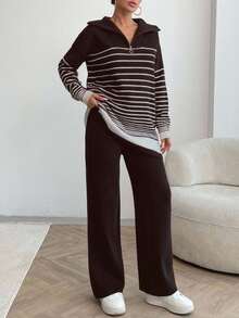 EURMUSE Women Solid Color Asymmetric Stripe Pattern Collar Neck Zipper Drop Shoulder Pullover & Sweater Pants Set, Petite, Winter Clothes - Brown - View 7