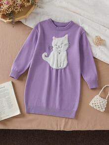 SHEIN Vintaside Kids Girls Toddlers Knitted Sweater Dress For Back-To-School,Autumn Adorable Fluffy Kitten Cartoon Baby Purple Jumper For School,Baby Soft Cat Outfit - Purple - View 2