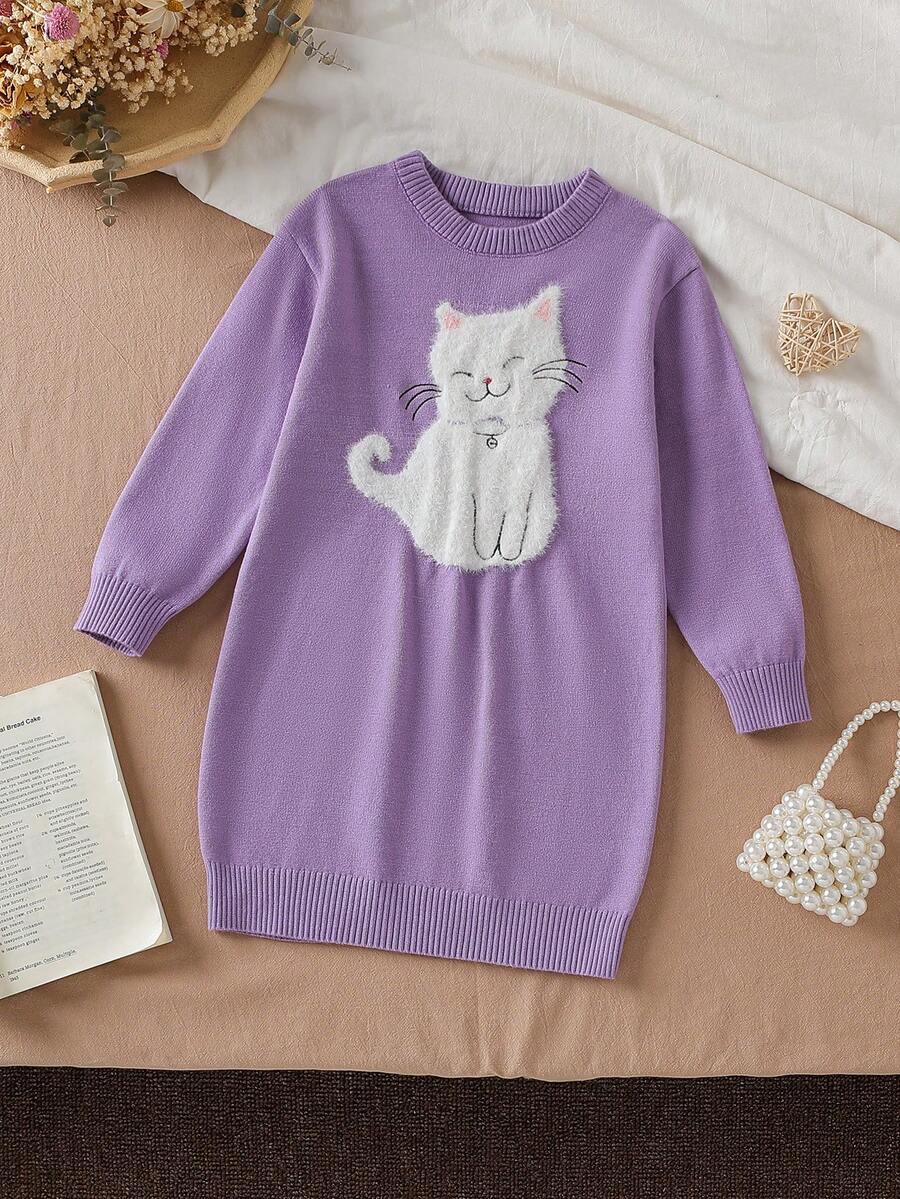 SHEIN Vintaside Kids Girls Toddlers Knitted Sweater Dress For Back-To-School,Autumn Adorable Fluffy Kitten Cartoon Baby Purple Jumper For School,Baby Soft Cat Outfit