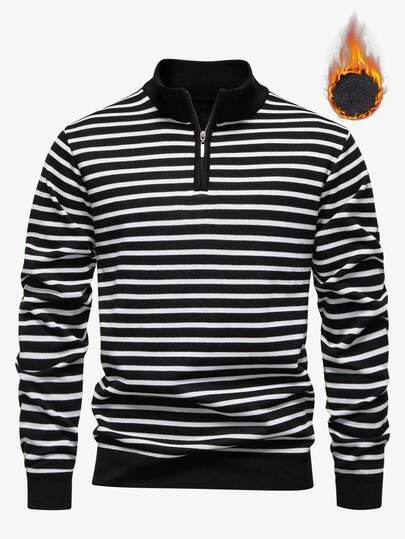 Manfinity Mode Men's Thermal Lined Striped Zip-Up Half Placket Long Sleeve Casual Sweater, Thermal Lined For Autumn/Winter Men Quarter Zip Striped Sweater