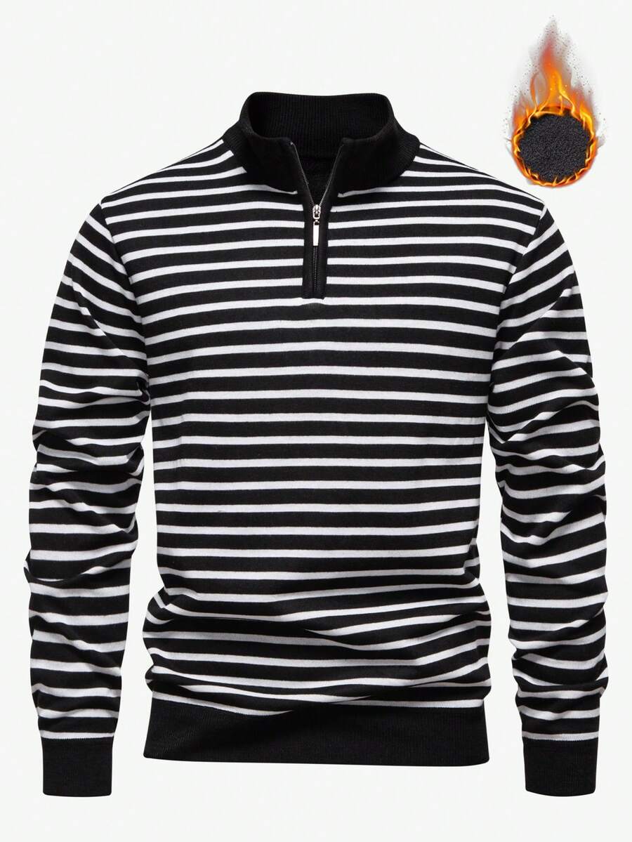 Manfinity Mode Men's Thermal Lined Striped Zip-Up Half Placket Long Sleeve Casual Sweater, Thermal Lined For Autumn/Winter Men Quarter Zip Striped Sweater - Black and White - View 1