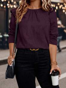 SHEIN Clasi Plus Size Women Regular Ruffle Hem Long Sleeve Shirt, Autumn/Winter - Burgundy - View 6