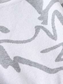 SHEIN Playful Pals 男婴休闲图案圆领落肩毛衣，秋冬季圆领套头衫 - 灰色 - 查看 5