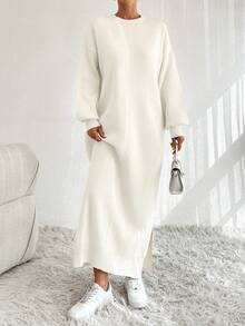 SHEIN Tall Women's Solid Color Round Neck Drop-Shoulder Long Sleeve Casual Minimalist Knitted Dress, Petite, Tall Travel Off-White Autumn Everyday - Beige - View 7