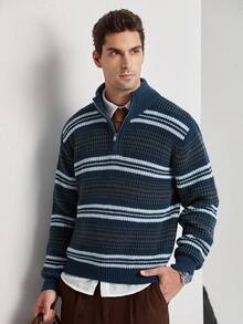 Manfinity Homme Áo khoác cardigan nam dáng dài cổ kéo khóa nửa thân, phối sọc tương phản, thích hợp mặc đi làm, mùa thu/đông. Áo len nam cổ kéo khóa nửa thân, áo polo nam dệt kim kẻ sọc. - Màu xanh lam - Xem 6