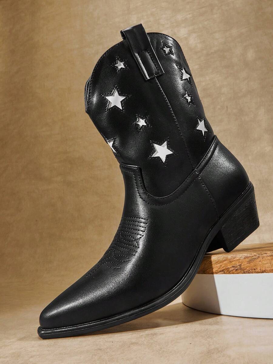 SHUZIA Women's Glamorous Point Toe Block Heel Embroidery Western Cowgirl Ankle Booties - Black - View 1