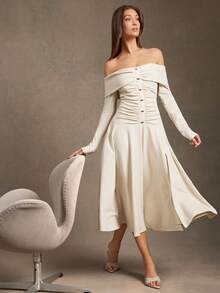 L'Amorae 女士拉绒针织低腰露肩中长连衣裙，带五金细节 - 米色 - 查看 3