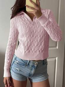 Flirla Women's Casual Drawstring Long Sleeve Knit Sweater, Light Yellow, Autumn/Winter - Pink - View 6