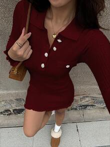 SHEIN Unity Vestido de punto casual de mujer para otoño/invierno con botones y cuello con rhinestones - Rojo - Ver 3