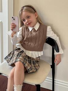 SHEIN Young Girl Ribbed Knit Sweater Vest With Cable Texture, Elegant & Cute, High Quality, Warm & Soft, Versatile For Play, Daily Wear, School, Autumn & Winter,Pairing White Shirt,Back To School Season.College Style,