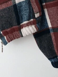 SHEIN Tall CURVE Áo khoác ngắn tay dài lót nhiệt có mũ trùm đầu họa tiết kẻ caro cỡ lớn dành cho nữ, có khóa kéo - Màu Đỏ Sâu - Xem 4