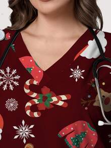 PopScrub 大码女式 V 领短袖磨砂上衣，带口袋、耳挂和侧开衩，圣诞元素图案