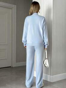 EURMUSE Women Baby Blue Knit Sweater With White Daisy Embroideries And Wide Leg 2Pcs Setl - Baby Blue - View 3