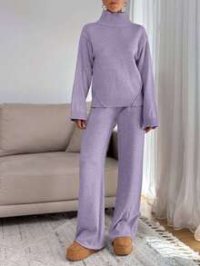 EURMUSE Women Relaxed Fit Turtle-Neck Sweater With Rib Knit Detailed And Straight Knit Pant Set,Co Ord,Winter Clothes - Lilac Purple - View 6