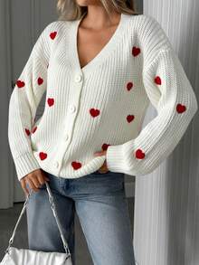 EURMUSE Ivory Chunky Knit Cardigan With Soft Mauve Heart Embroidery And Button Closure - Apricot - View 2