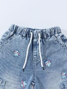 SHEIN ChillGRL Quần Jeans Denim Rộng Có Dây Rút In Hình Hoạt Hình Dễ Thương Cho Bé Gái - Rửa nhẹ - Xem 4