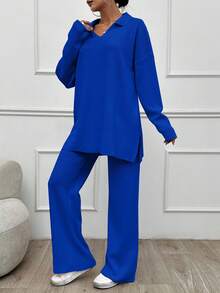 SHEIN Tall 2pcs/Set Solid Color Turn-Down Collar Sweater And Long Pants Outfit,Petite,Winter Clothes - Royal Blue - View 6