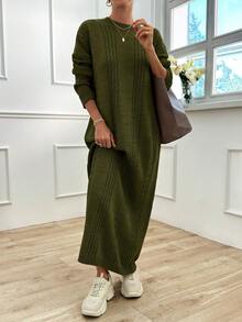 EURMUSE Vestido suéter de cuello redondo con caída de hombros y patrón de cable - Verde Oscuro - Ver 7